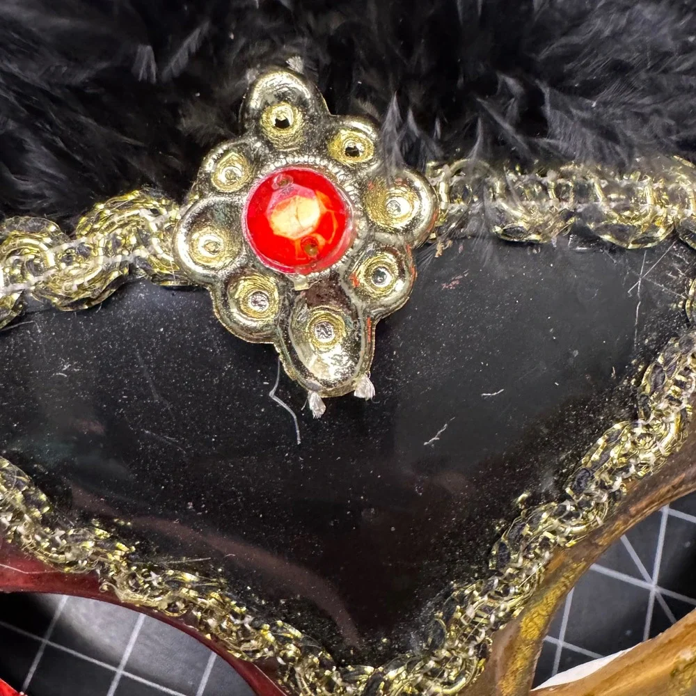 VTG Handcrafted Venetian Masquerade Mask Black Red‎ Gold Feather Costume
